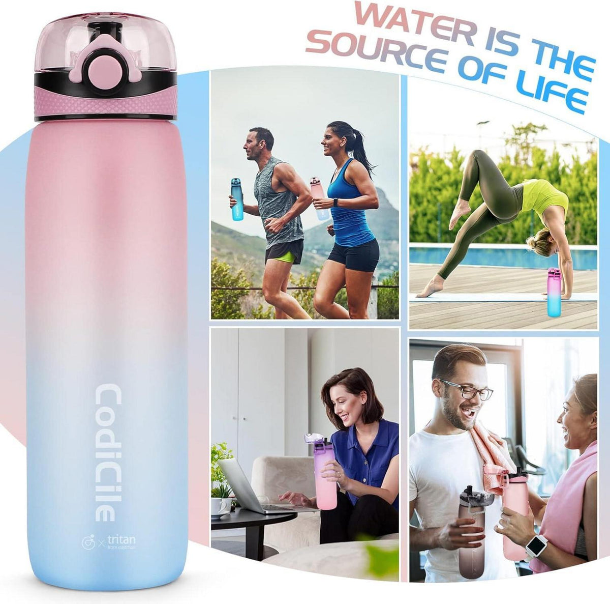 Sport Wasserflasche 1L Tritan BPA frei Zeitmarkierung Filter Blau/Rosa