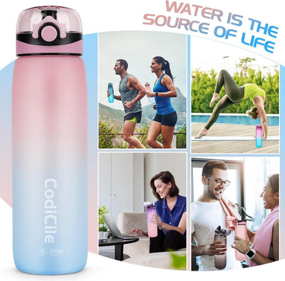 Sport Wasserflasche 1L Tritan BPA frei Zeitmarkierung Filter Blau/Rosa