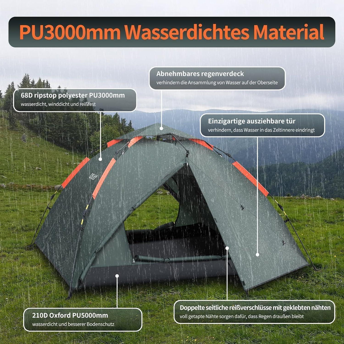 3-Personen Pop-Up Zelt, 4 Jahreszeiten, Wasserdicht, Grün