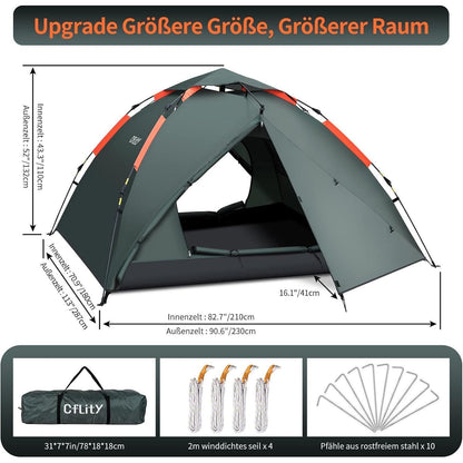 3-Personen Pop-Up Zelt, 4 Jahreszeiten, Wasserdicht, Grün