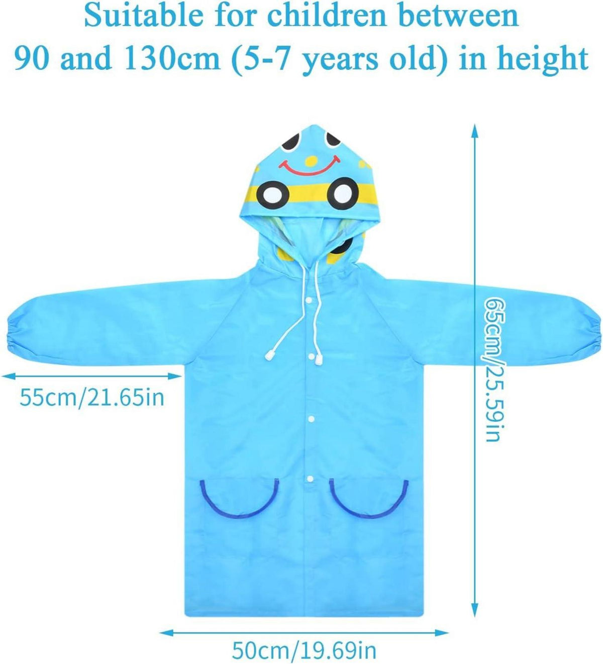 Kinder Regenponcho mit Kapuze und Taschen, Wasserdicht 90-130 cm Blau