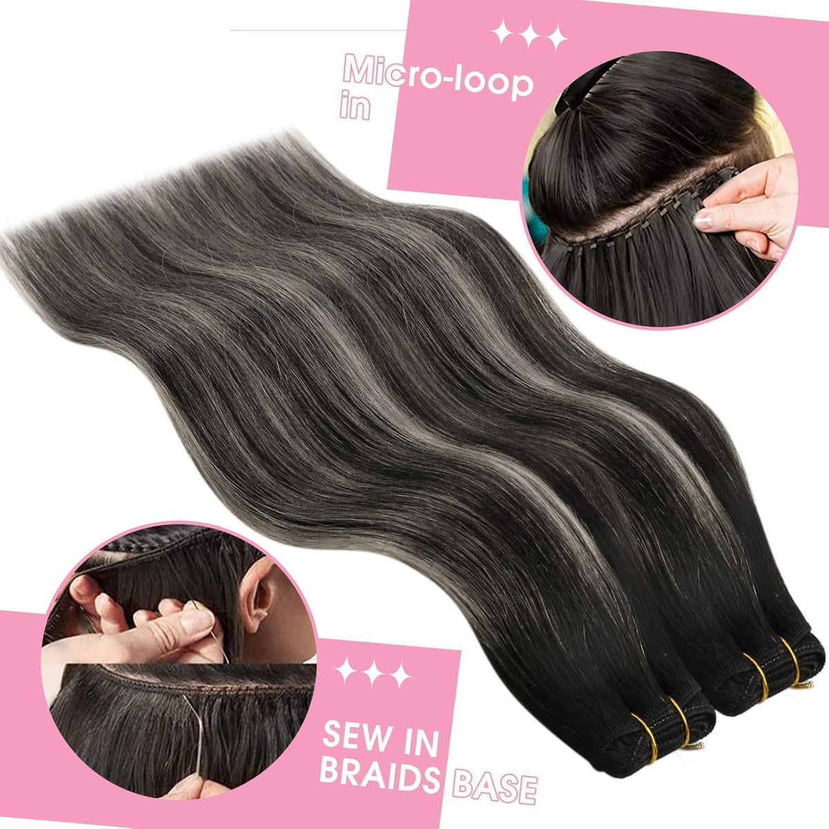 Echthaar Tressen Ombre Schwarz Silber 55cm