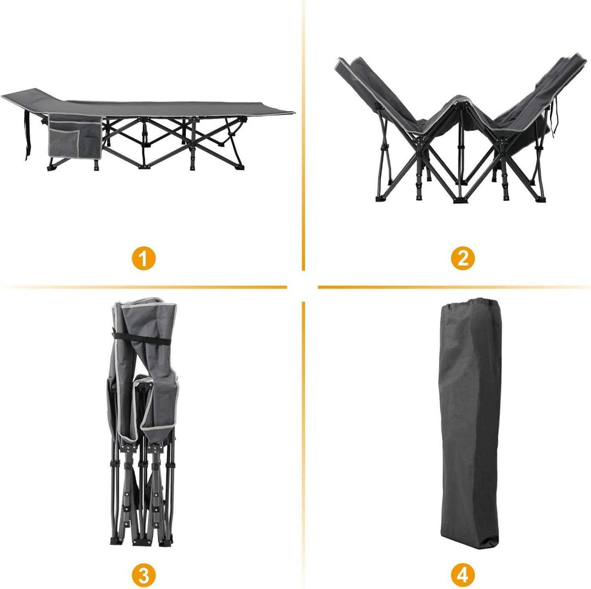 Faltbares XL Campingbett mit Seitentasche Grau Outdoorbett