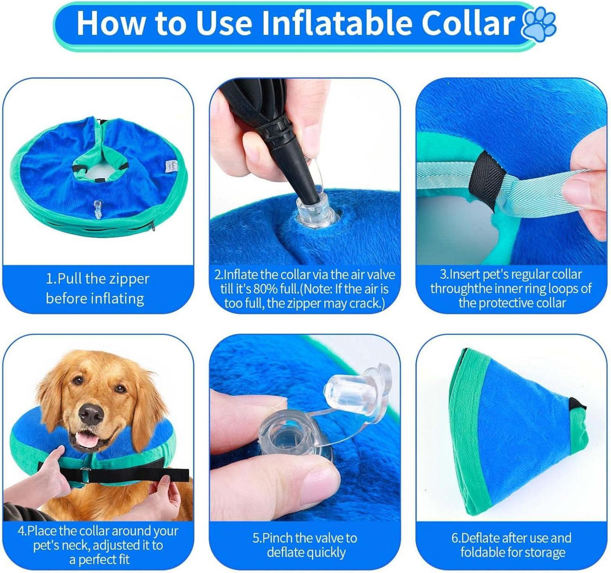 Aufblasbare Halskrause Hund & Katze Blau XL Verstellbarer Klettverschluss Leckschutz Genesung Operationen Tel. 45.7-63.5cm