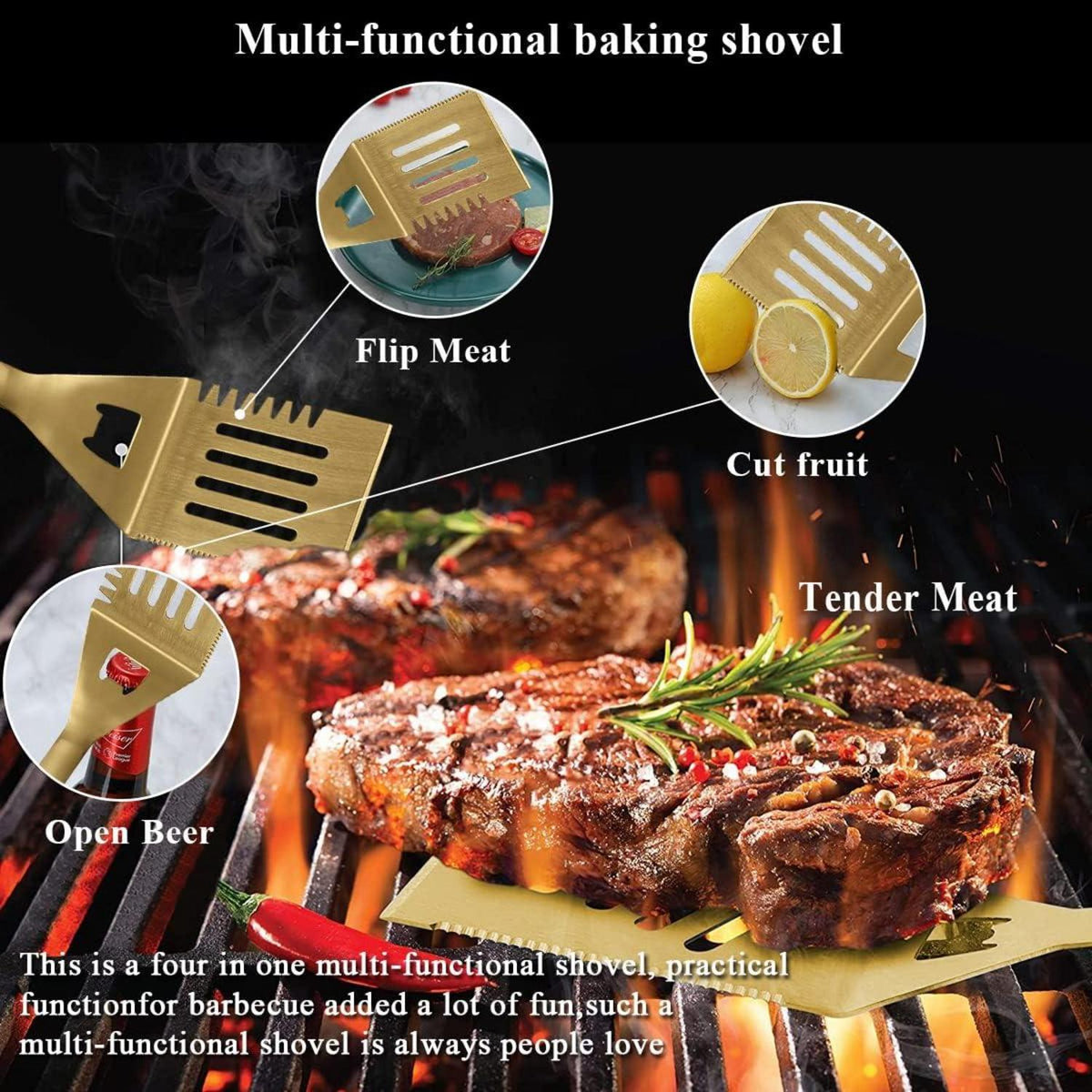 Grillbesteck Set 4TLG Kit Titan Gold Beschichtung Edelstahl Bakelit Griff BBQ Camping