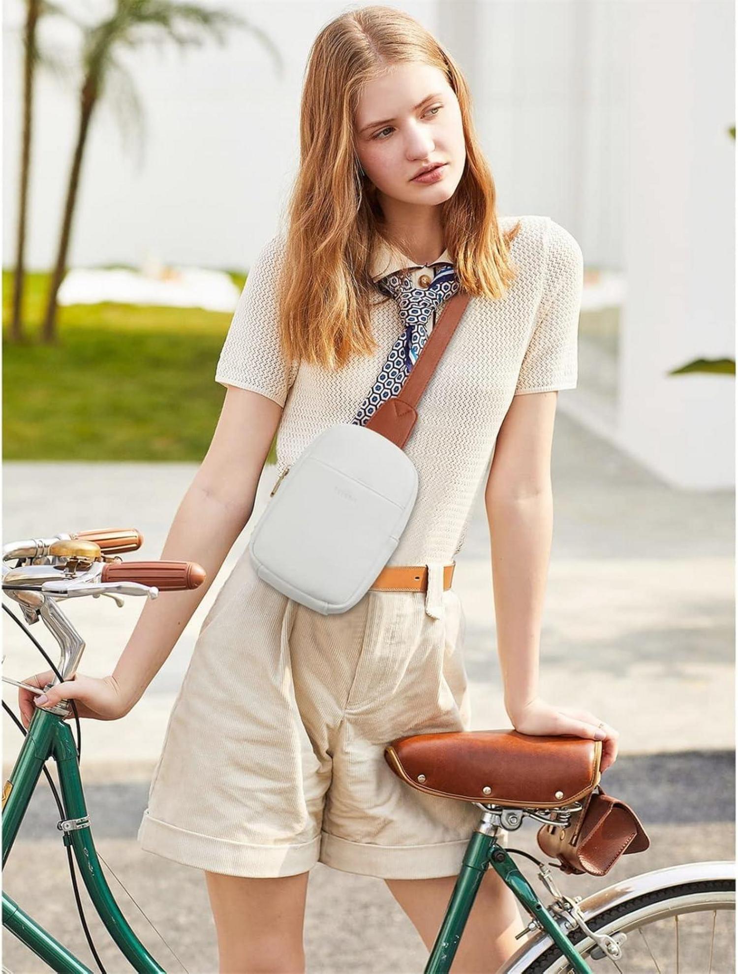 Telena Damen Brusttasche Mini Crossbody Bag Kunstleder Beige