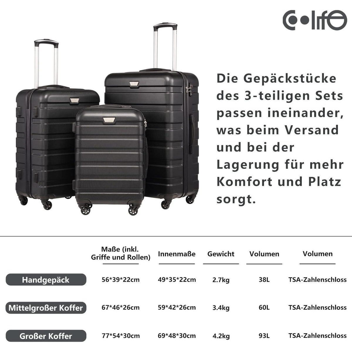 COOLIFE Mittelgroßer Trolley Koffer Dunkelblau 60L mit TSA-Schloss