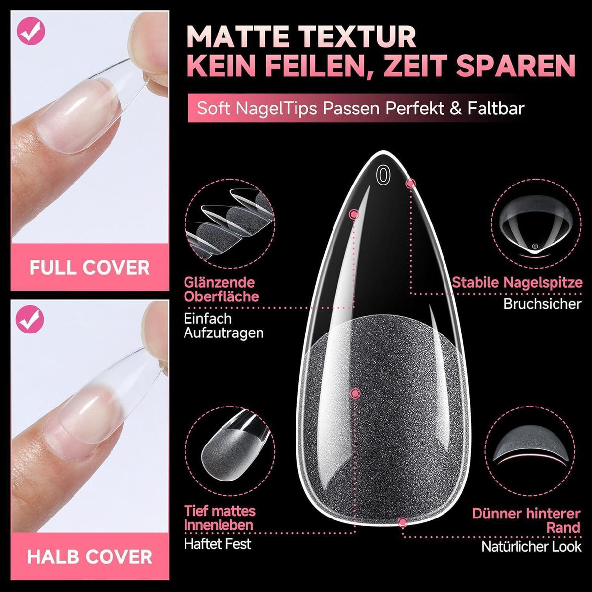 Stiletto Nagelspitzen Medium – 216 Stück für Nagelverlängerung
