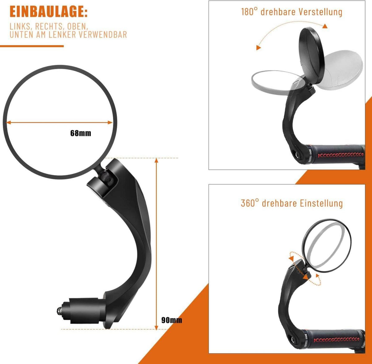 Arkham Fahrradspiegel 2 Stück 360° Verstellbar für Lenker 17.4-22mm, E-Bike Mountainbike Rennrad
