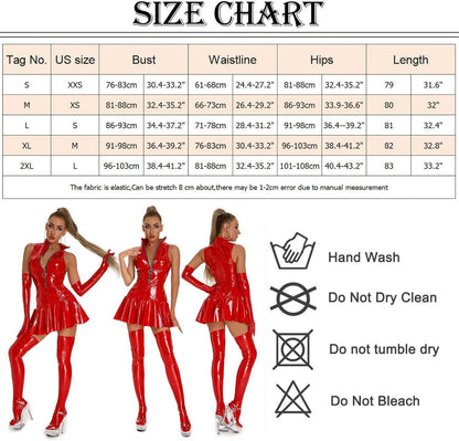 Damen Catsuit Clubwear Sexy Lederlook V-Ausschnitt Minikleid Rot