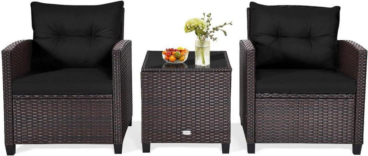 3tlg. Polyrattan Gartenmöbel Set Lounge, Schwarz