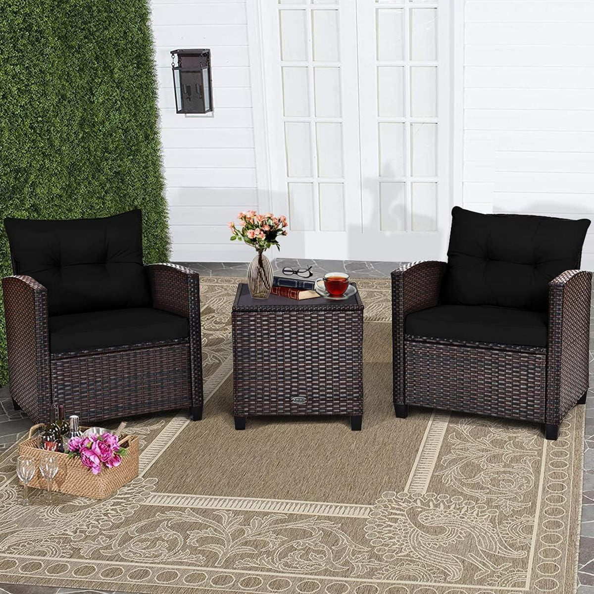 3tlg. Polyrattan Gartenmöbel Set Schwarz mit Kissen