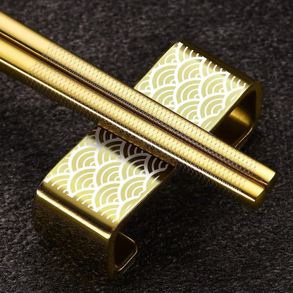 Edelstahl Essstäbchen Set mit Ständer - Goldenes Geschenk im Japan-Stil