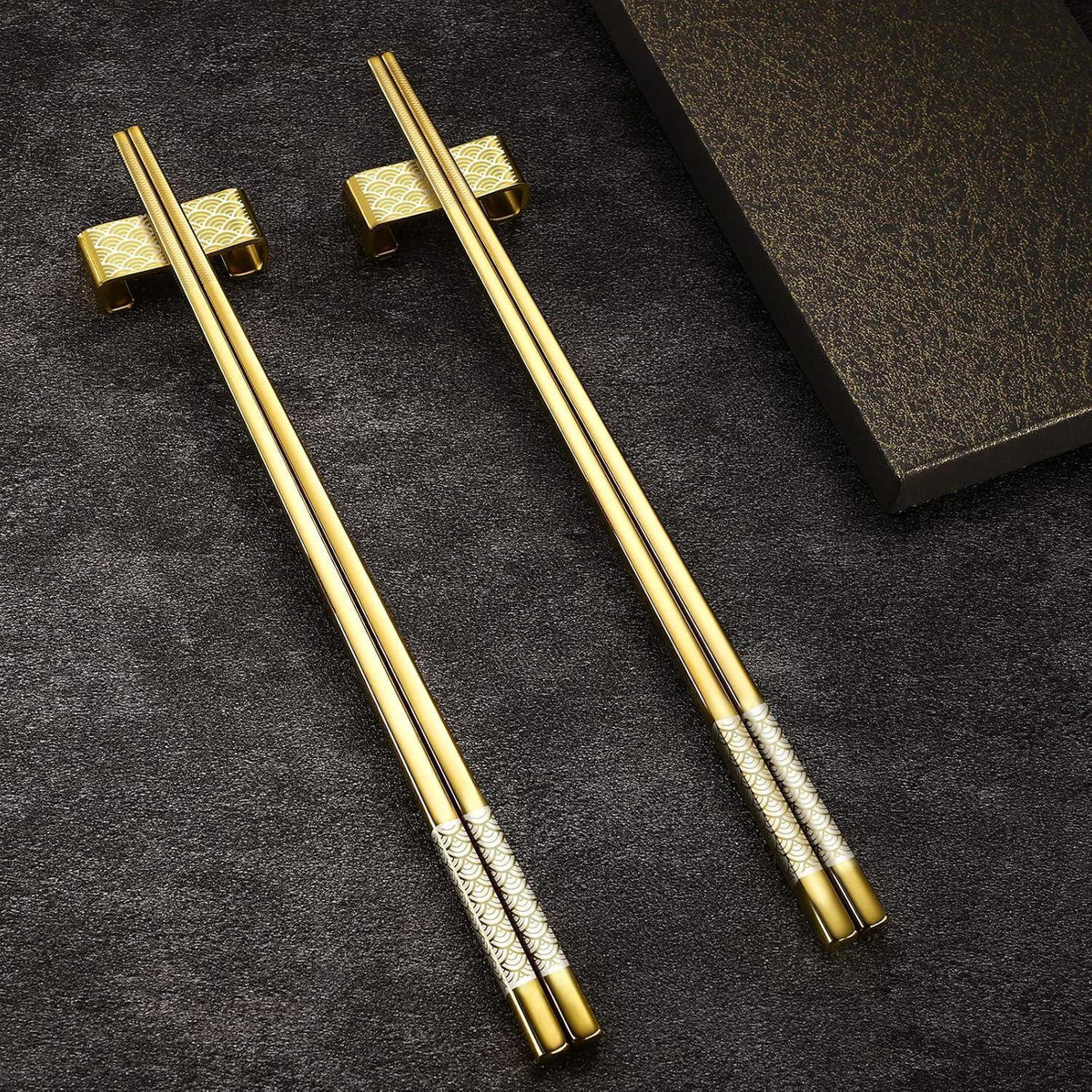 Edelstahl Essstäbchen Set mit Ständer - Goldenes Geschenk im Japan-Stil