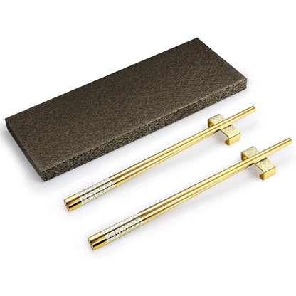 Edelstahl Essstäbchen Set mit Ständer - Goldenes Geschenk im Japan-Stil
