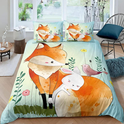 3teiliges Bettwäsche-Set Fuchs 220x240cm | Mikrofaser, 3D Blumen & Hasen