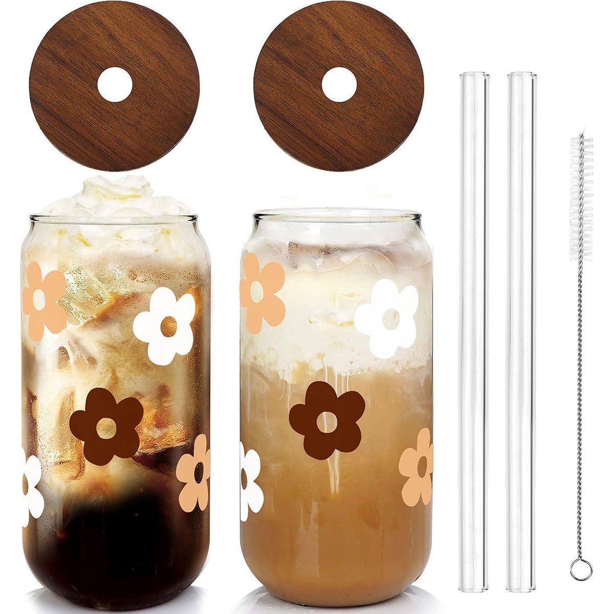 Glasbecher mit Deckel & Strohhalm – Blumenmuster 590ml