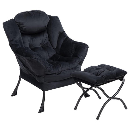 Ohrensessel mit Hocker | Samt Relaxsessel Wohnzimmer Sessel Schwarz