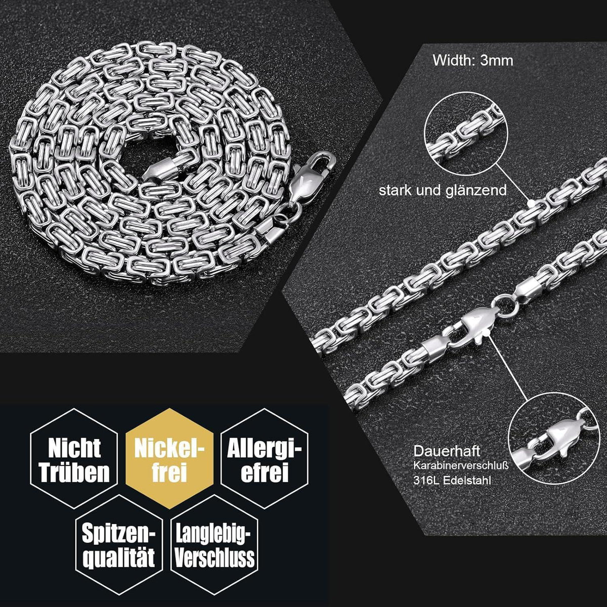 Königskette Edelstahl 18K Gold beschichtet, 4/6mm, 45-65cm