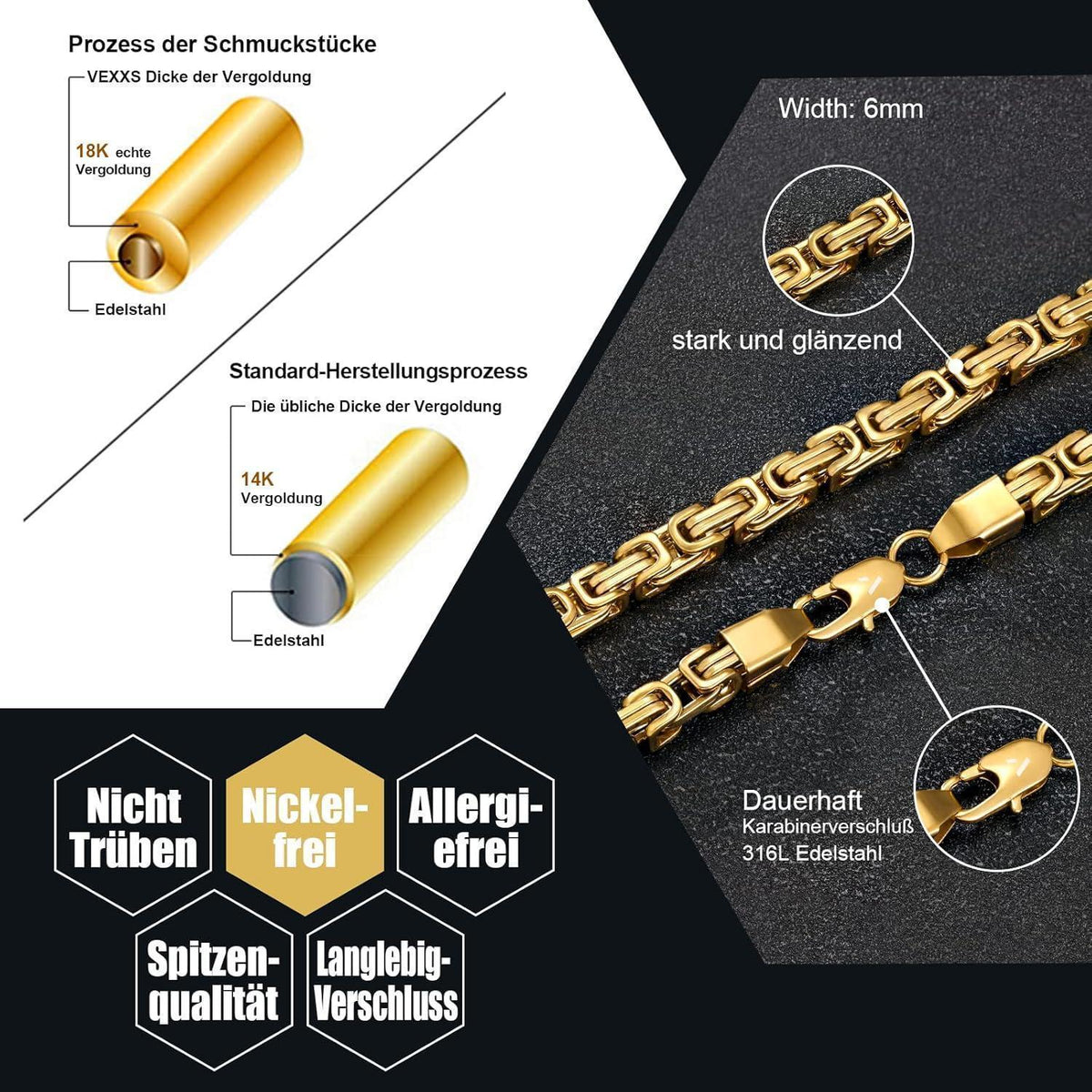 Königskette 4/6mm 18K Gold beschichtet Edelstahl