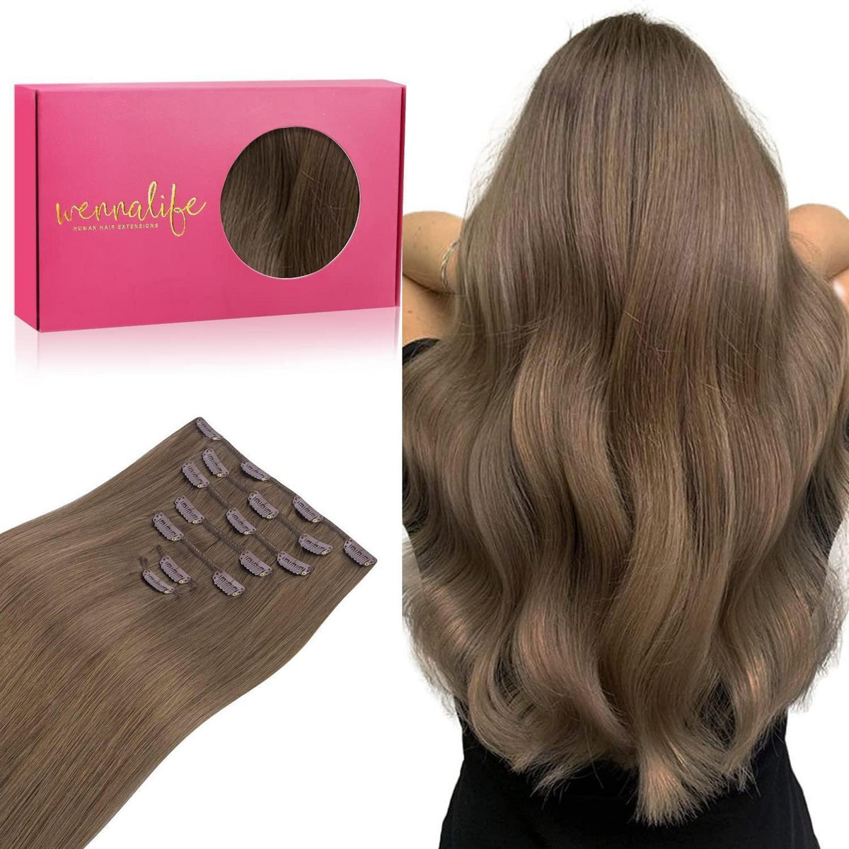 Clip in Echthaarverlängerung Helles Ash Braun 55cm