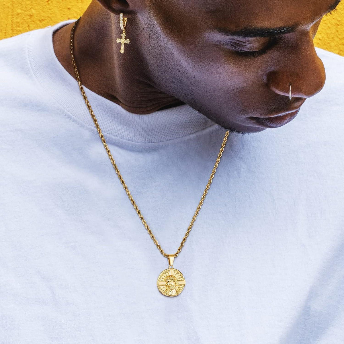 Goldene Jesus Münze Anhänger Kette Kompass Löwe St. Christopher