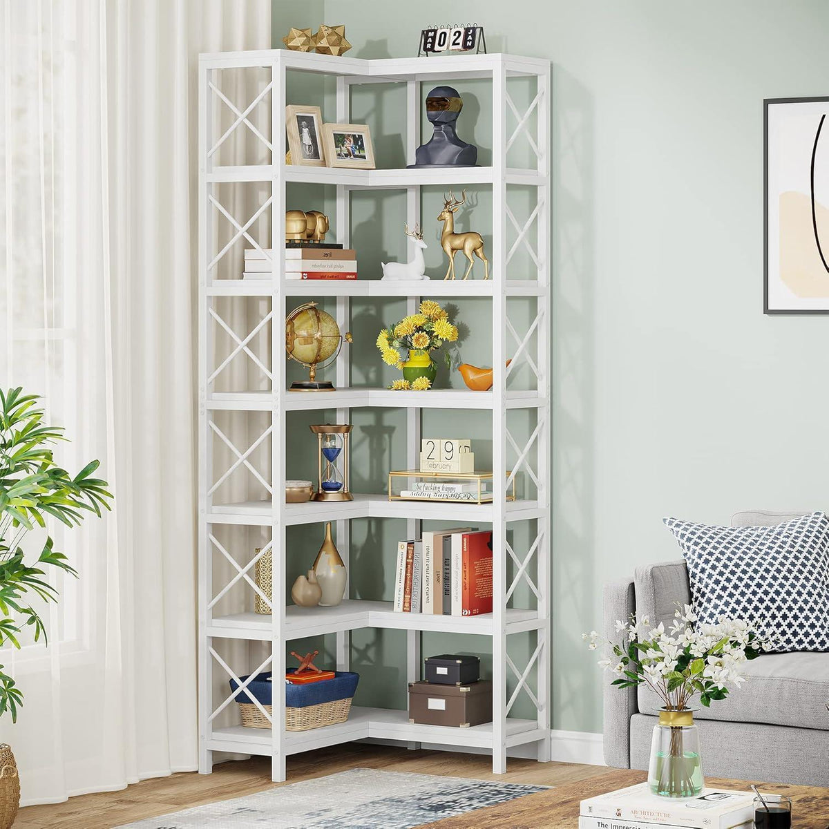 Hohes Eckregal mit Metallrahmen – Industrielles Bücherregal (Weiß)