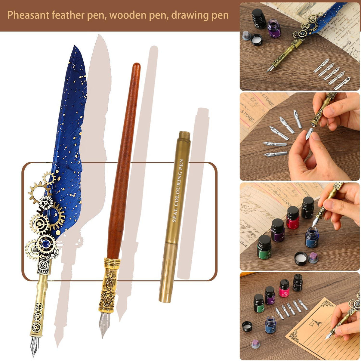 Federkiel und Tinte Set mit Seal und Wachsperlen - Blau