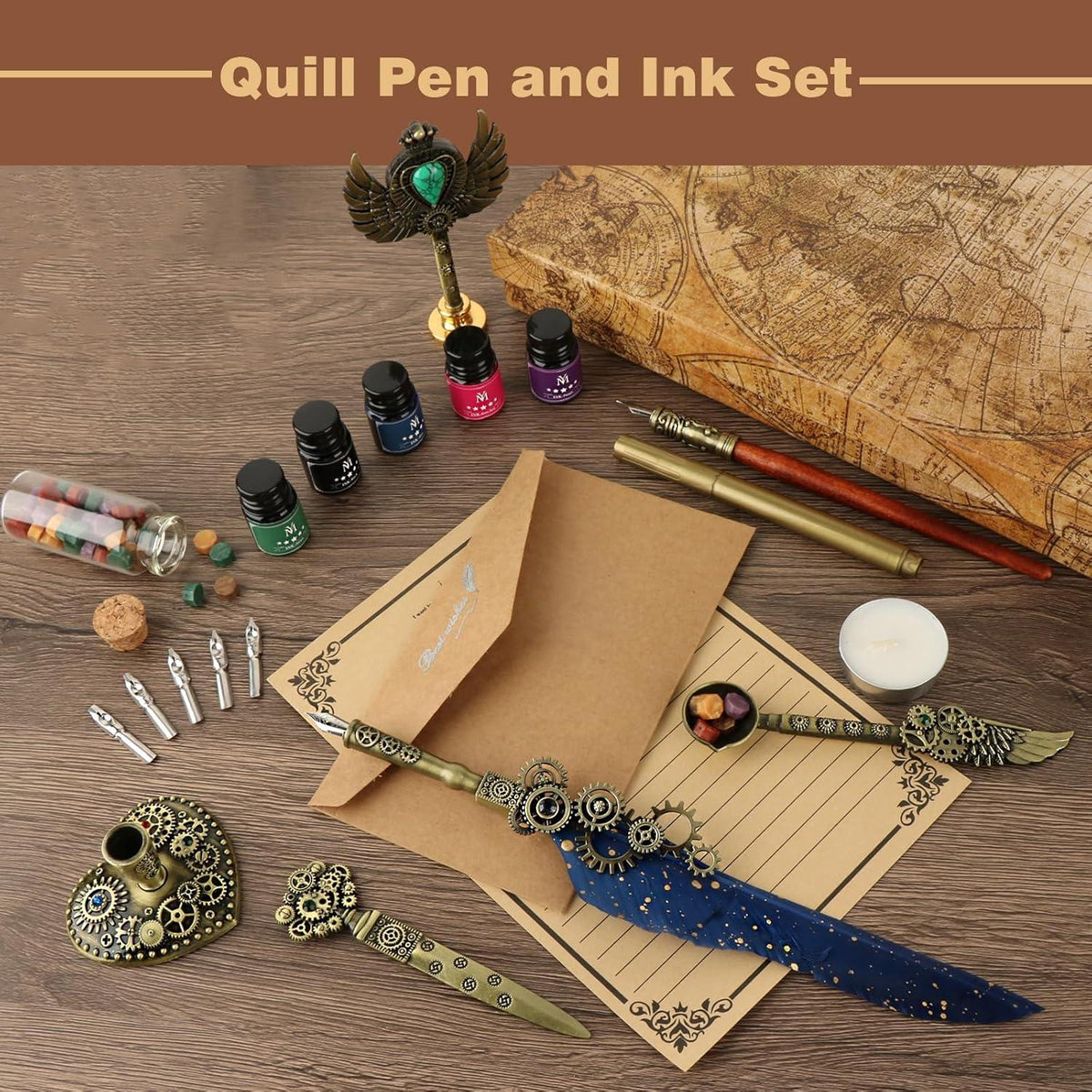 Federkiel und Tinte Set - Luxus Geschenk: 5 Federn, 5