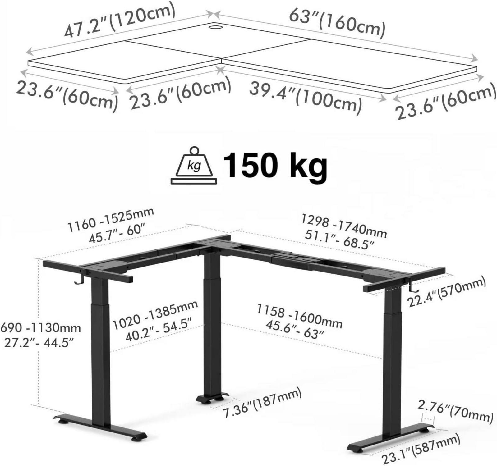 Elektrischer L-förmiger Höhenverstellbarer Schreibtisch 160x120 cm