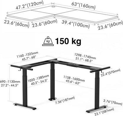 Elektrischer L-förmiger Höhenverstellbarer Schreibtisch 160x120 cm