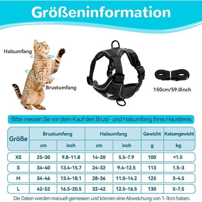Ausbruchsicheres Katzengeschirr mit Leine, L Schwarz