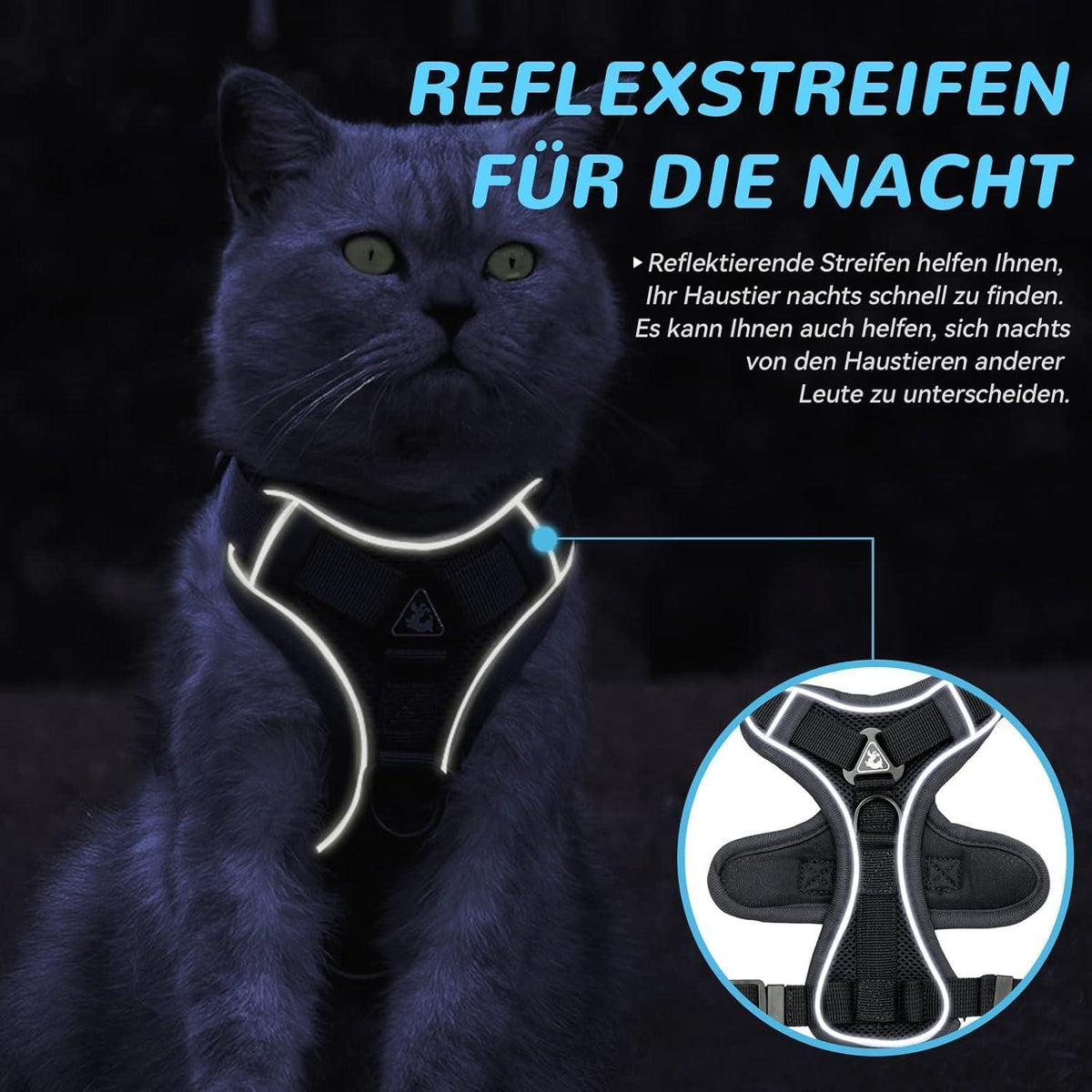Ausbruchsicheres Katzengeschirr mit Leine, L Schwarz
