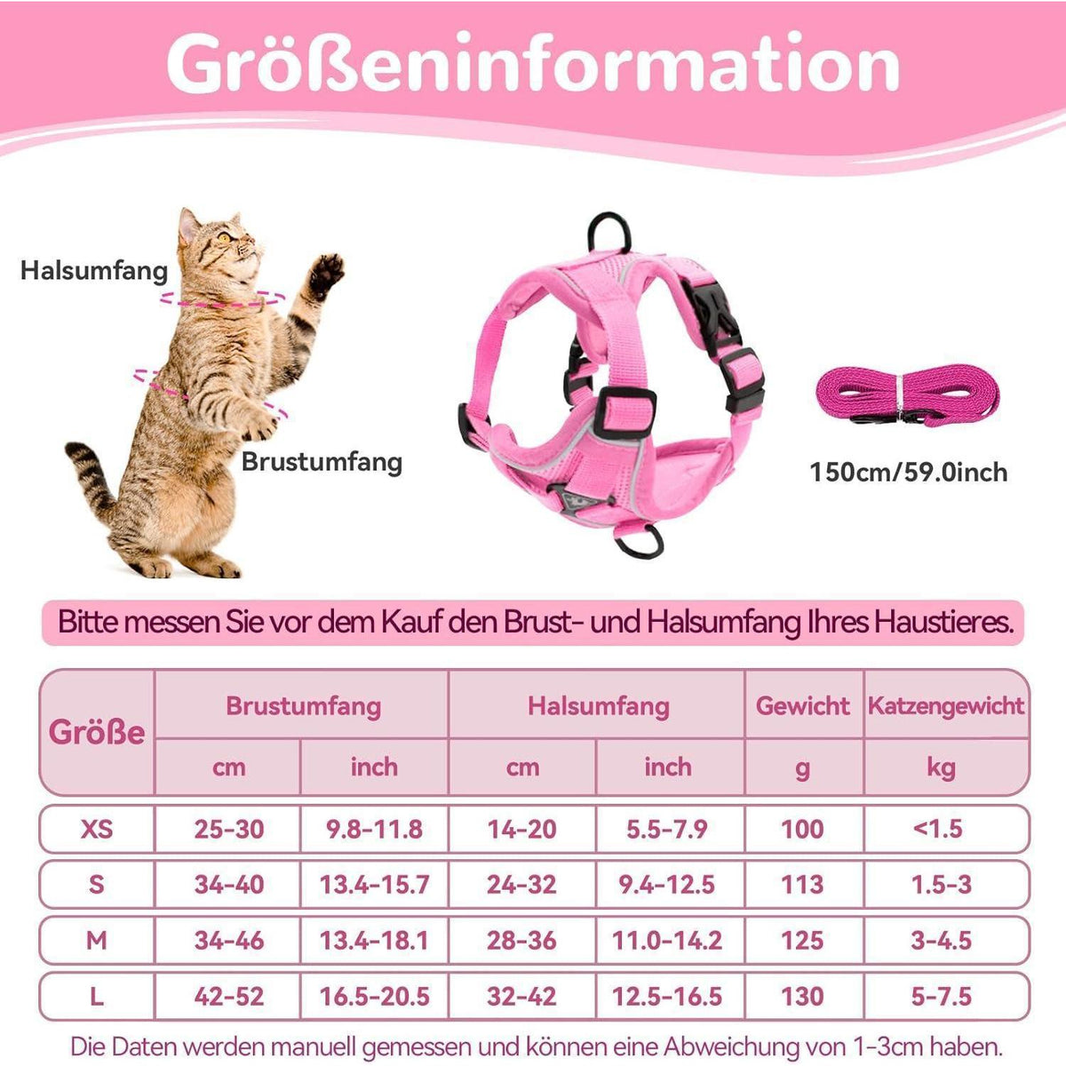 Ausbruchsicheres Katzengeschirr mit Leine, Hell Rosa L