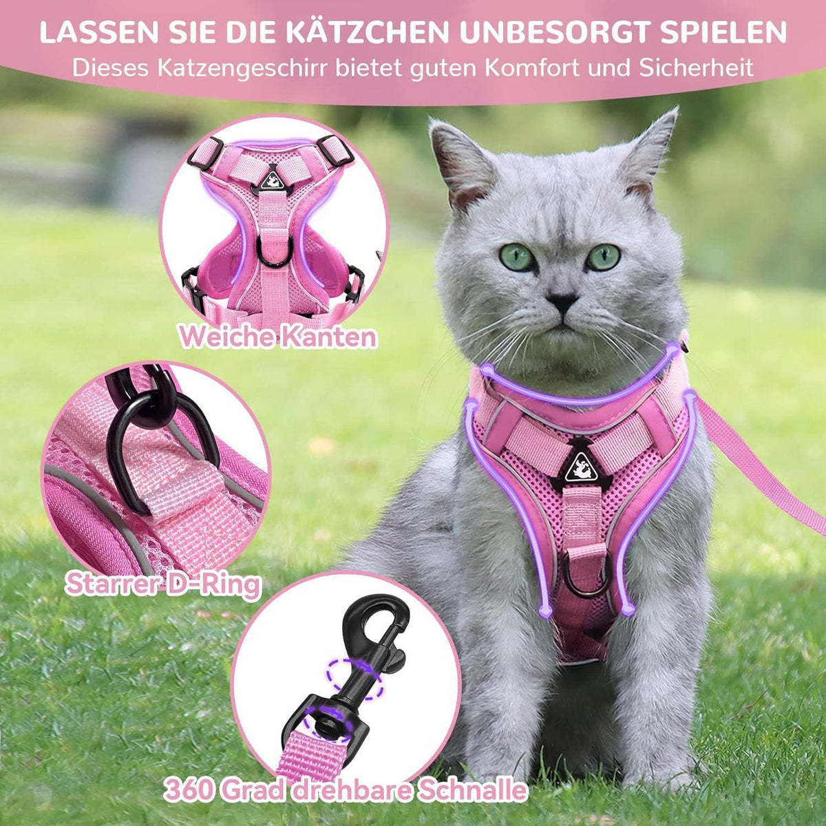 Ausbruchsicheres Katzengeschirr mit Leine, Hell Rosa L