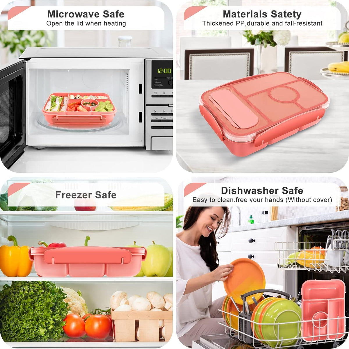 Amathley Lunchbox 1300ML Bento Box Kinder mit 5 Fächern Saucenbehältern Rosa