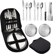 Camping Besteck Set Edelstahl Löffel Gabel Messer Teller Clip