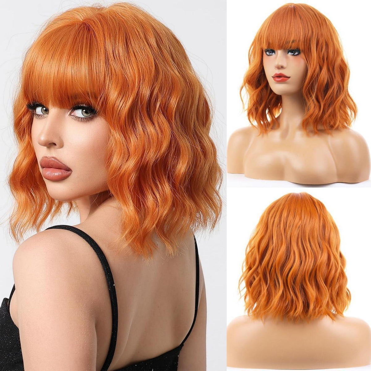 Orange Bob Perücke mit Pony – Gewelltes, Lockiges Haar