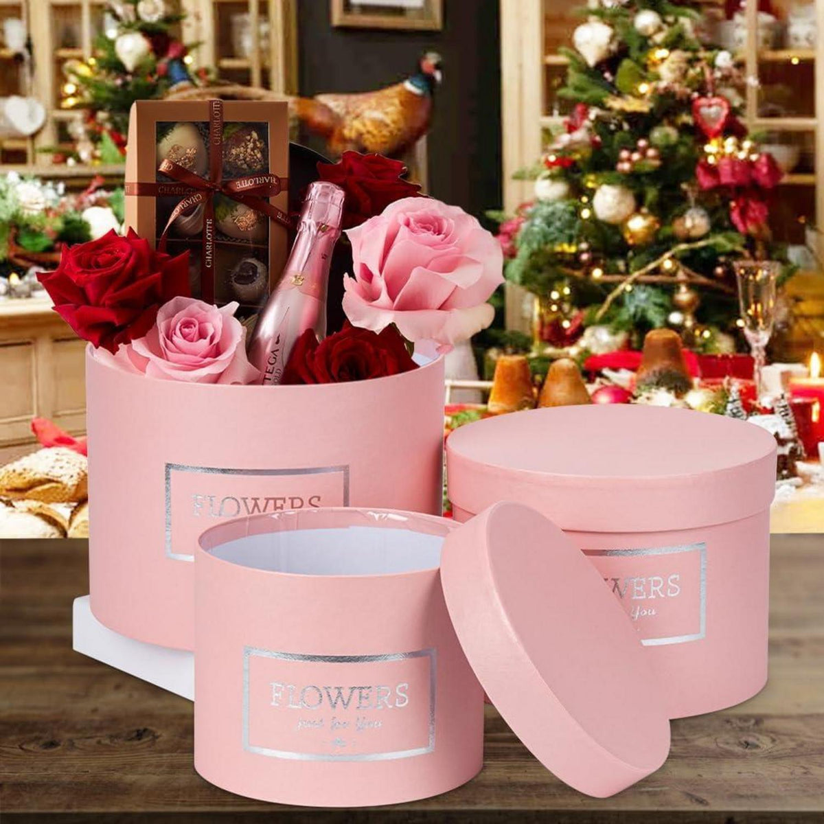 Rosa Blumen-Geschenkboxen Set Ø15/17/20cm - 3er Pack