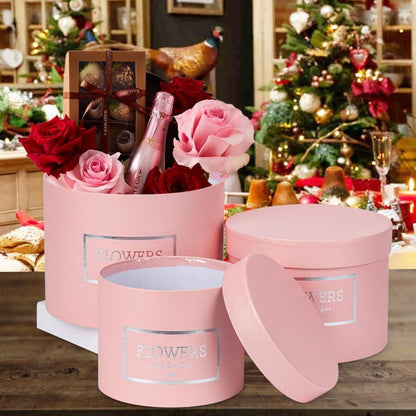 Rosa Blumen-Geschenkboxen Set Ø15/17/20cm - 3er Pack