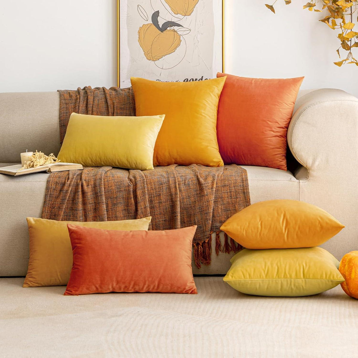 Samt Kissenbezug Herbst Sofakissen 2er Set 40x40 cm Orangegelb