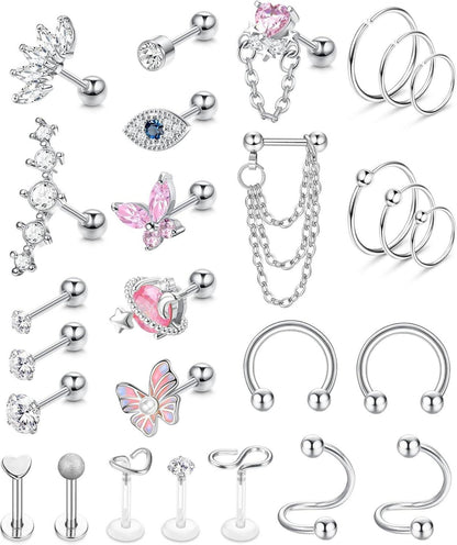 Piercing-Set Chirurgenstahl 27 Stück CZ Labret Nasen Conch Tragus