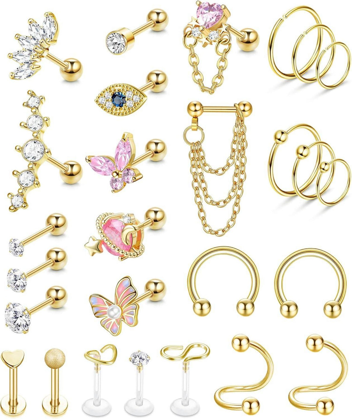 27 Stück 16G Chirurgenstahl Helix Tragus Piercing Set CZ Labret