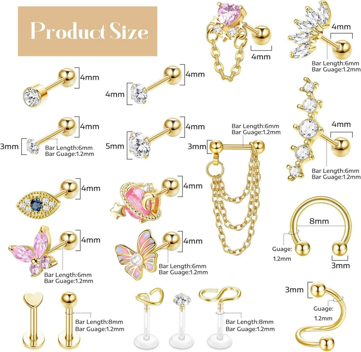 Piercing Set 27 Stück 16G Chirurgenstahl Damen Mädchen CZ