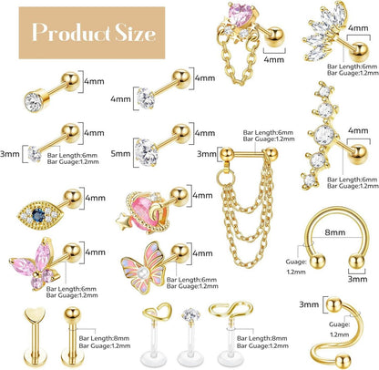 Piercing Set 27 Stück 16G Chirurgenstahl Damen Mädchen CZ