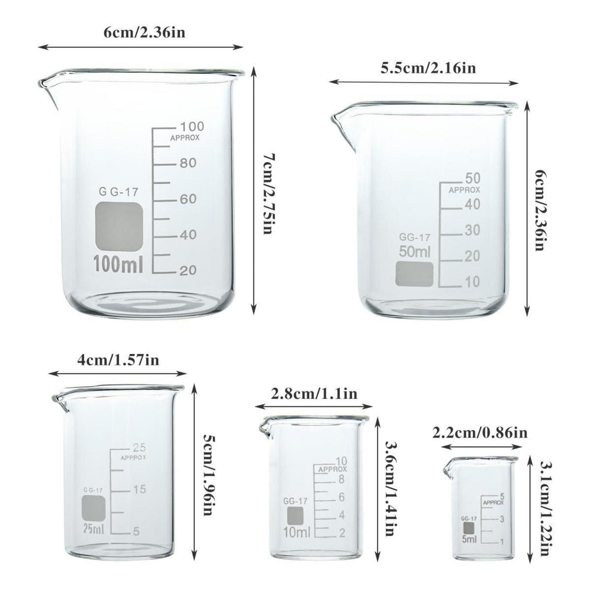 Buygoo Becherglas Messbecher Set 5ml 10ml 25ml 50ml 100ml