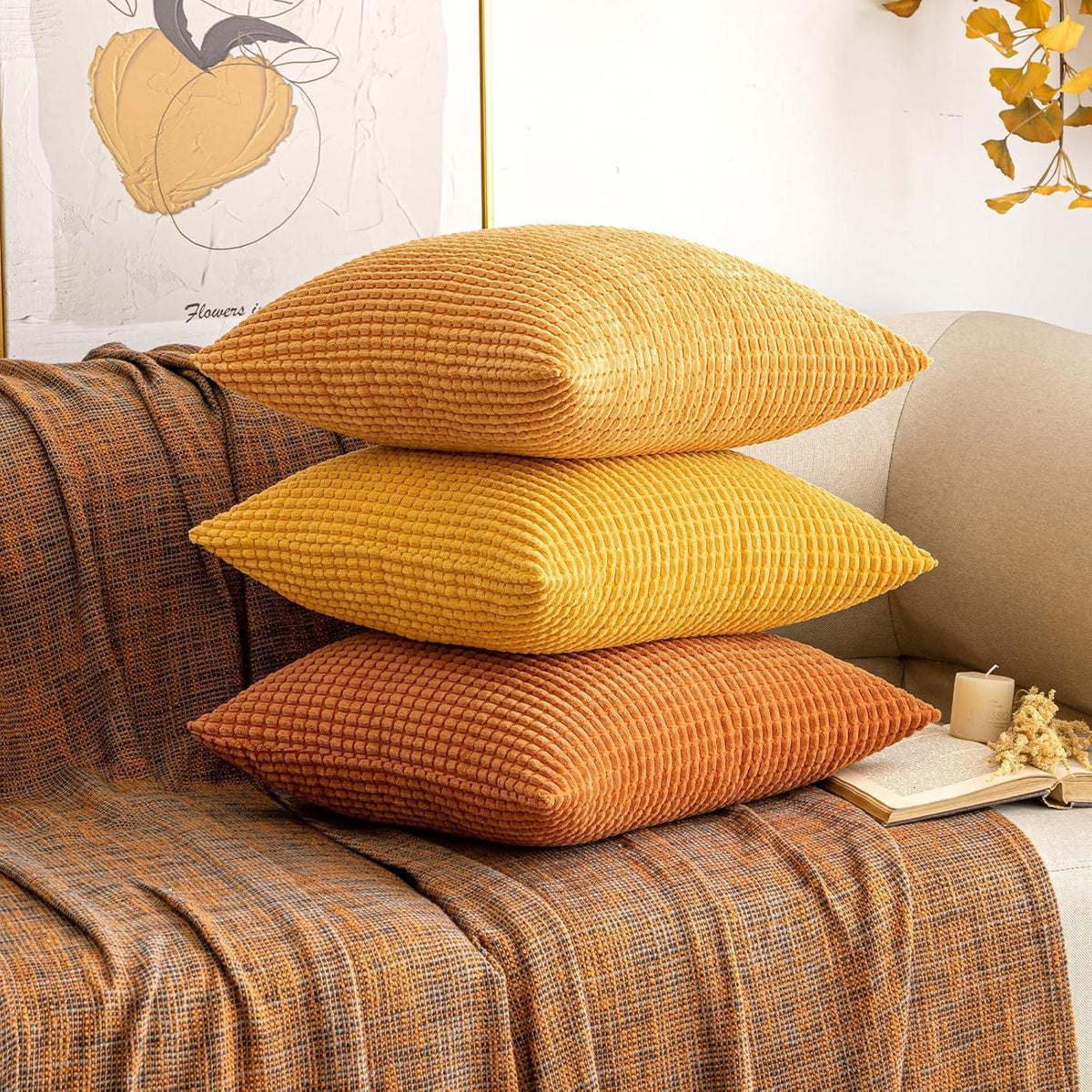 Kordsamt Kissenbezug Herbst Deko 2er Set 40x40 cm Granulat Karamell
