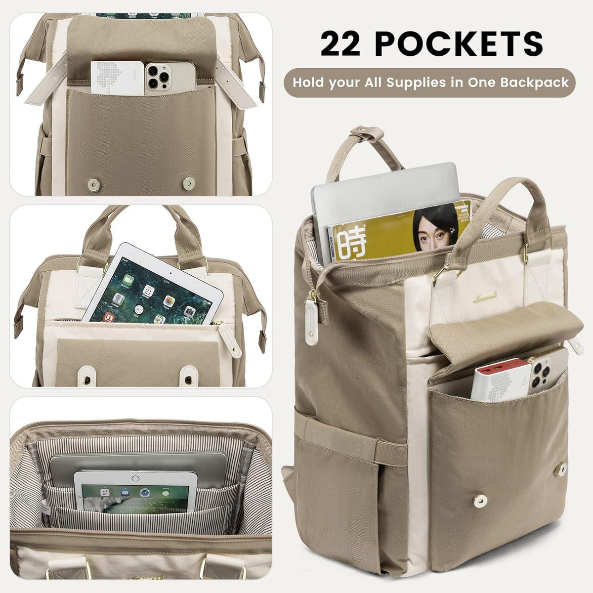 Moderner Damenrucksack 17 Zoll Laptop Wasserdicht Beige