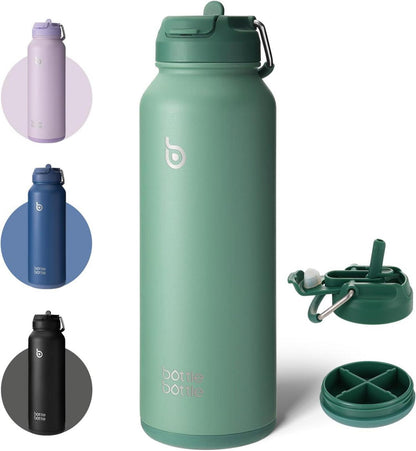 Isolierte Wasserflasche mit Strohhalm und Pillendose - 1,2 l - Grün
