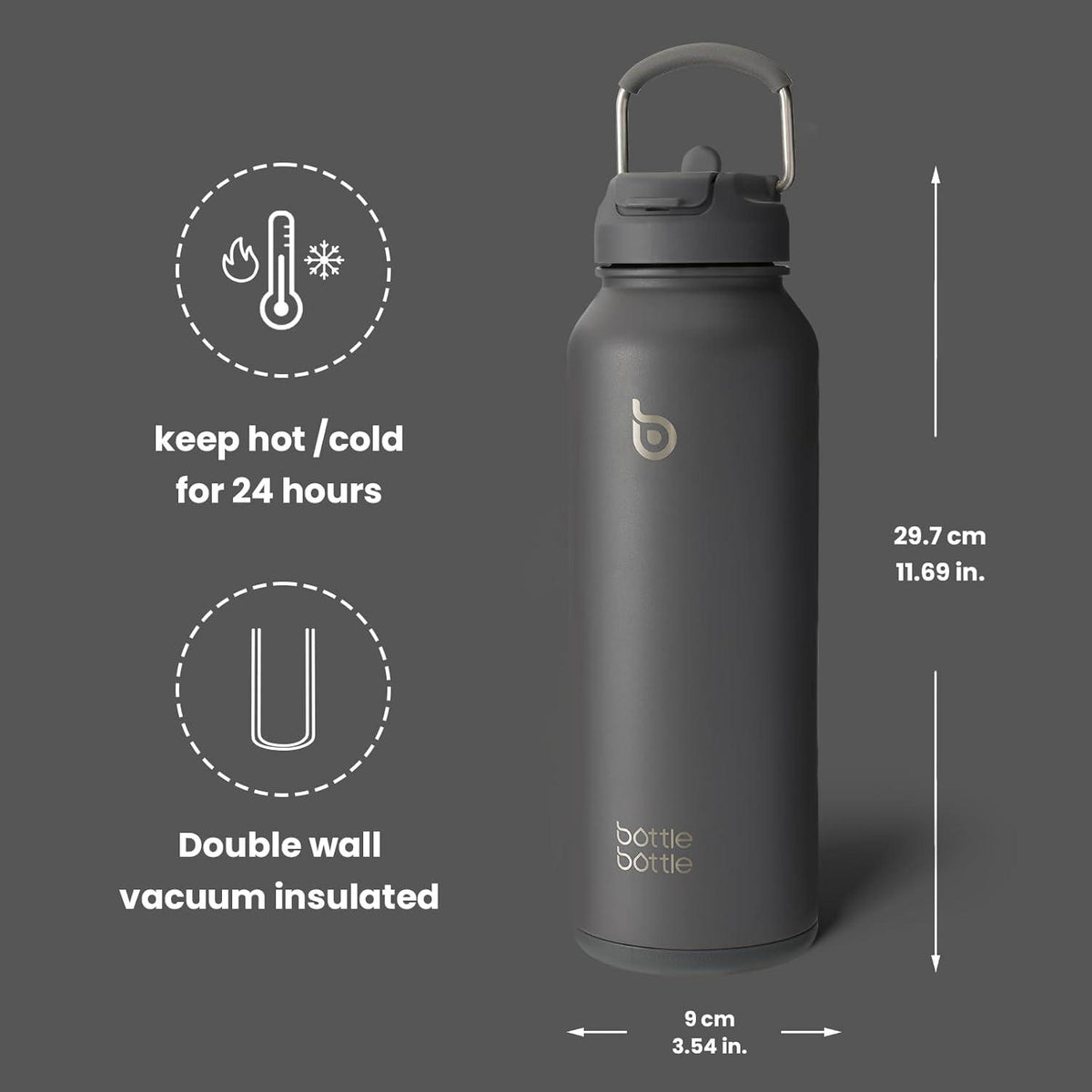 Sport-Wasserflasche aus Edelstahl 1,2 l isoliert mit Strohhalm und
